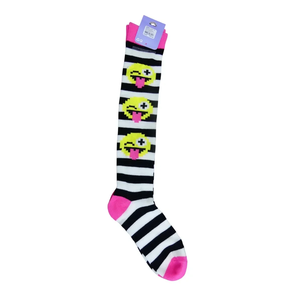 Claire's Knee High Socks Girls Size 9-11 Pink Black White NWT Emoji Striped